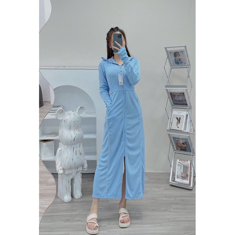 Áo chống nắng nữ toàn thân GU awm17 1 lớp dày chất Air Cool Max thoáng khí, có túi đựng kèm khẩu trang chống  UV , vnxk