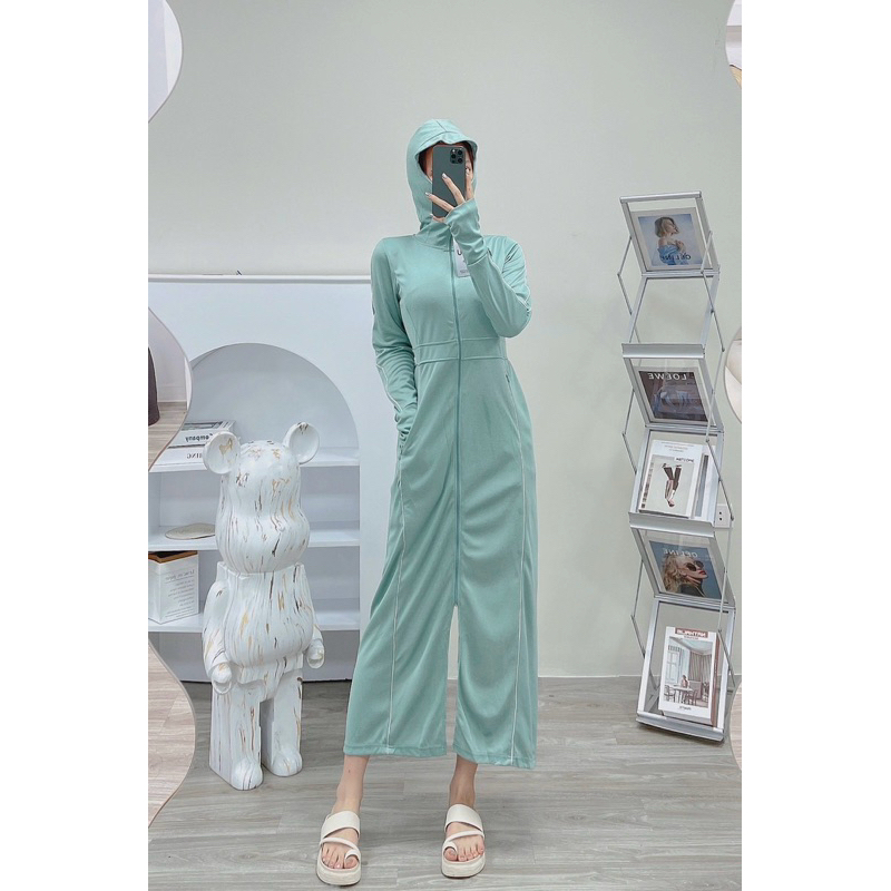 Áo chống nắng nữ toàn thân GU awm17 1 lớp dày chất Air Cool Max thoáng khí, có túi đựng kèm khẩu trang chống  UV , vnxk