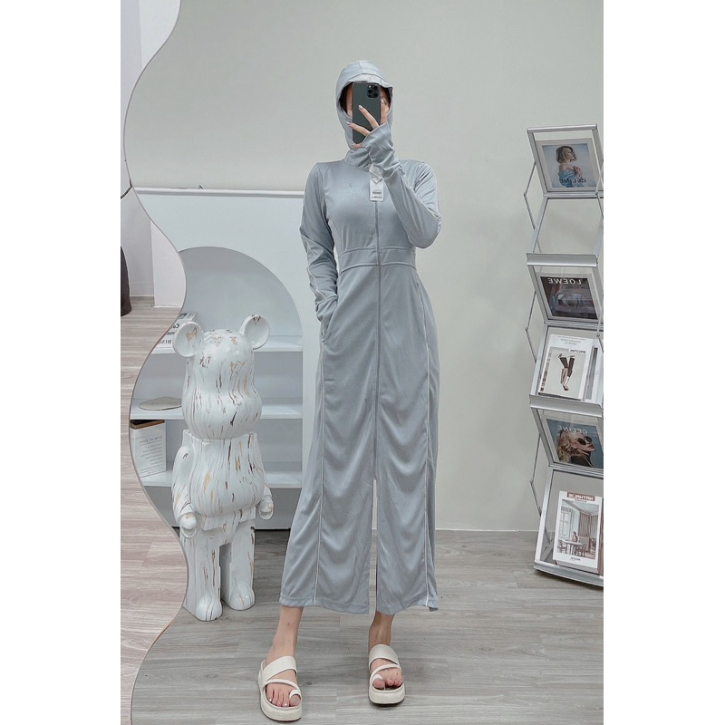 Áo chống nắng nữ toàn thân GU awm17 1 lớp dày chất Air Cool Max thoáng khí, có túi đựng kèm khẩu trang chống  UV , vnxk