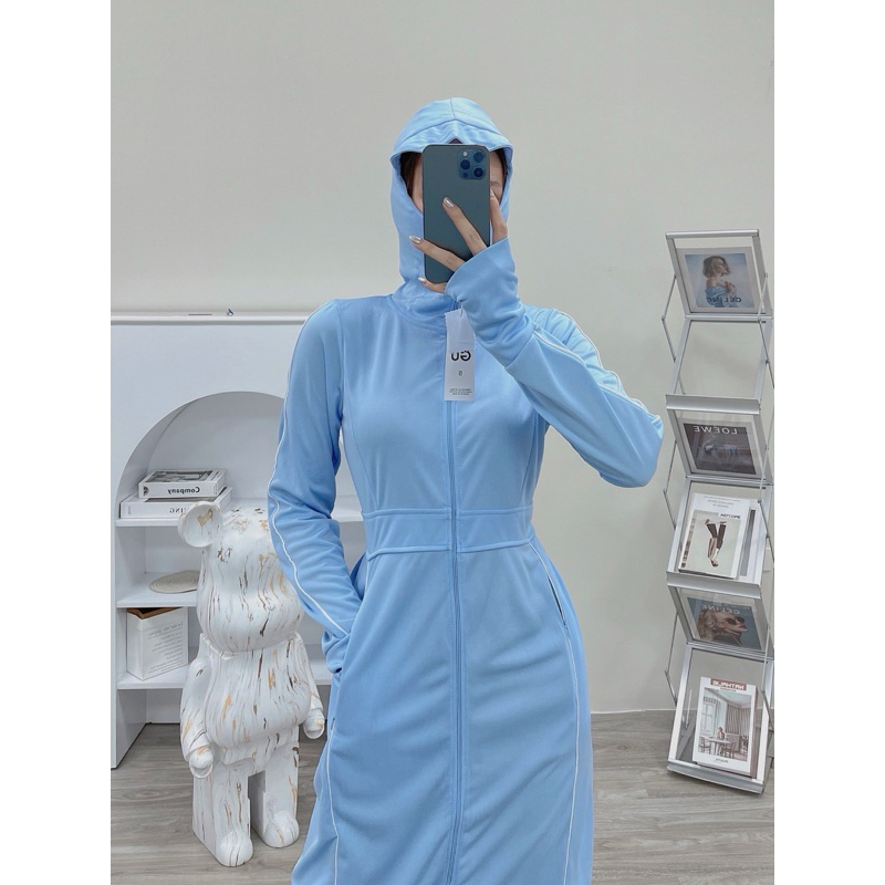 Áo chống nắng nữ toàn thân GU awm17 1 lớp dày chất Air Cool Max thoáng khí, có túi đựng kèm khẩu trang chống  UV , vnxk
