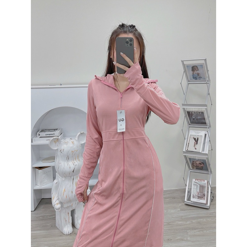 Áo chống nắng nữ toàn thân GU awm17 1 lớp dày chất Air Cool Max thoáng khí, có túi đựng kèm khẩu trang chống  UV , vnxk