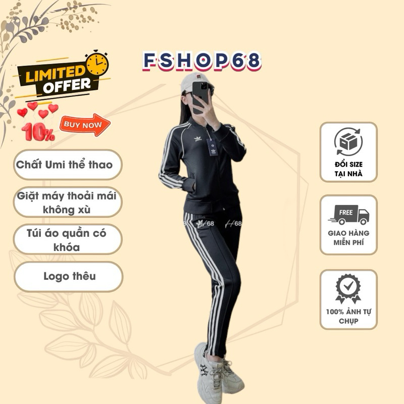 Bộ Thể Thao Nữ Adidas cổ bomber BTWM3 Chất Nỉ Umi Hàng Đẹp Loại 1, túi quần áo đều có khóa, set bo thu dong vnxk cao cap
