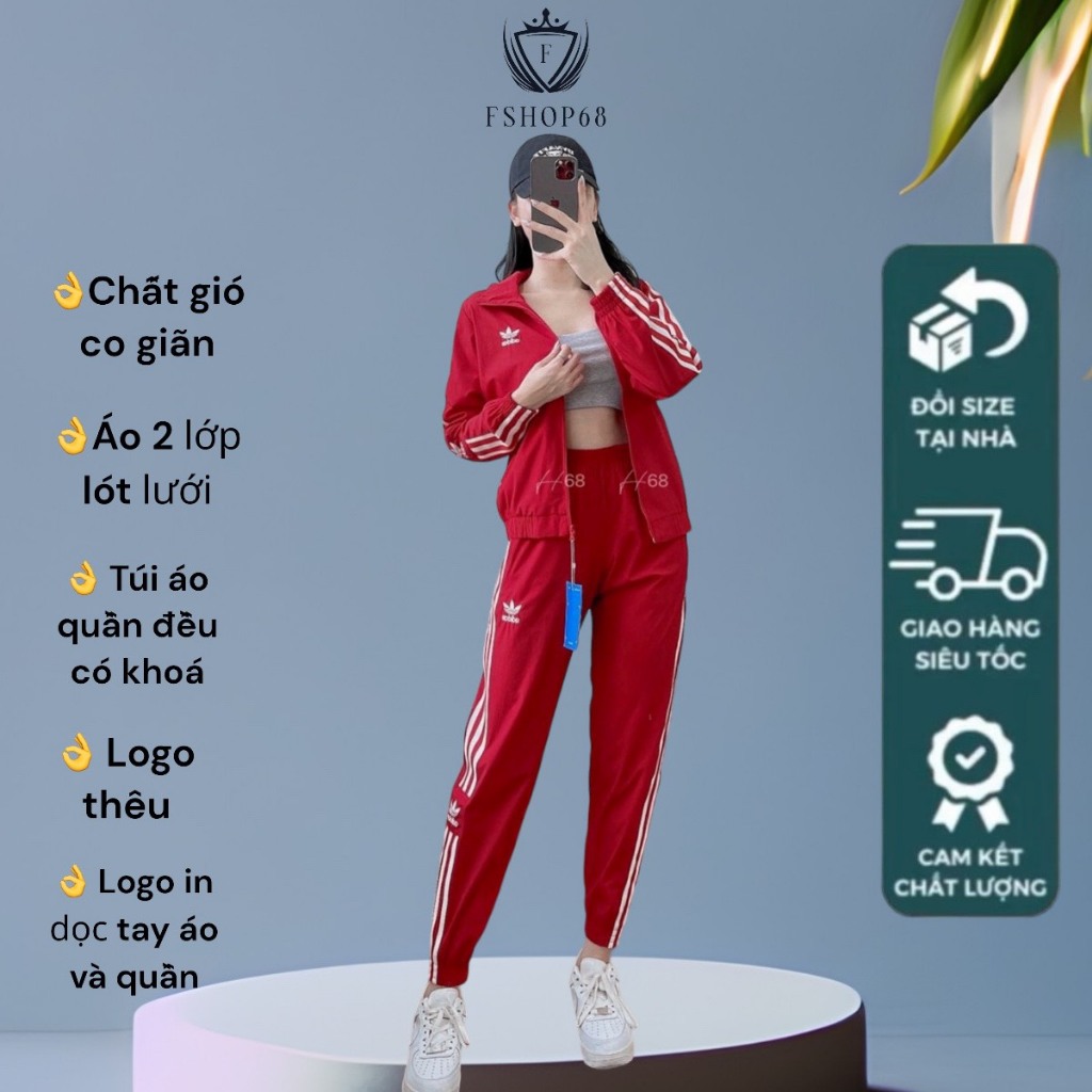 Set thể thao nữ Adidas chất gió co giãn, áo 2 lớp lót lưới, túi quần áo có khoá, set thu đông vnxk BGWM2