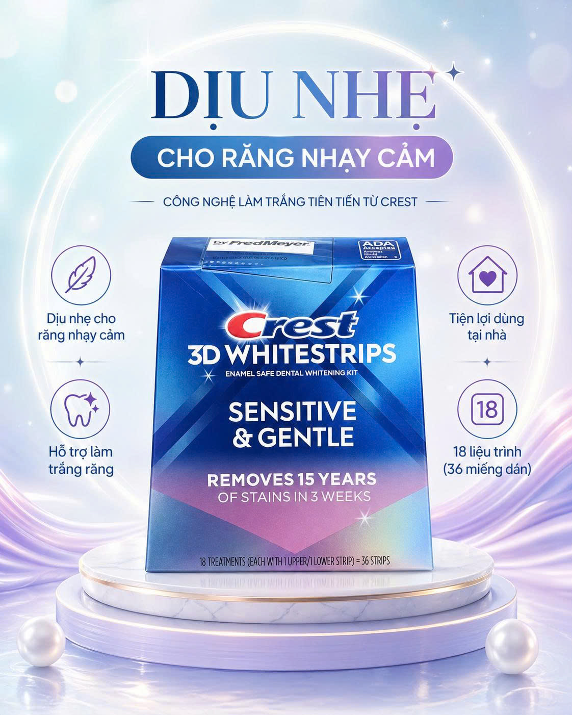 [LEVEL 15 - 18 LẦN DÁN] Miếng dán trắng răng Crest Sensitive & Gentle cho răng nhạy cảm - Bản Mỹ 36 miếng