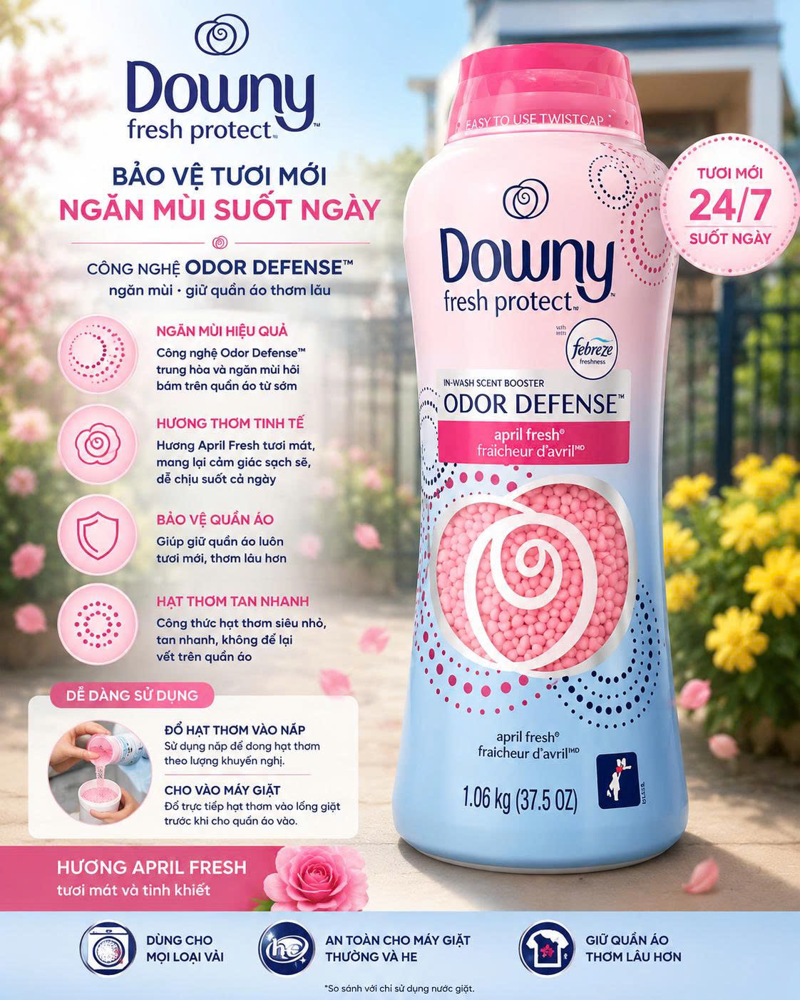 HẠT XẢ VẢI KHÔ DOWNY FRESH PROTECT ODOR DEFENSE APRIL FRESH 1.06KG CỦA MỸ