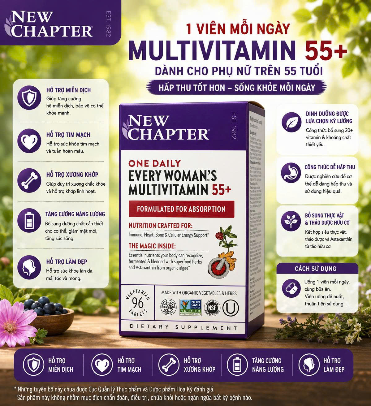 Vitamin Tổng Hợp Cho Phụ Nữ Trên 55 Tuổi New Chapter One Daily Every Woman's Multivitamin 55+ (96 Viên)