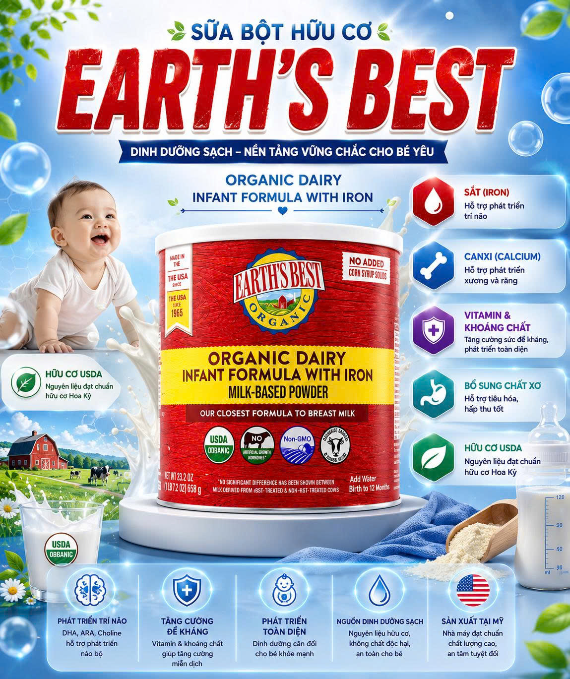 🍼 SỮA BỘT HỮU CƠ EARTH'S BEST ORGANIC DAIRY INFANT FORMULA WITH IRON HỘP 595G CỦA MỸ