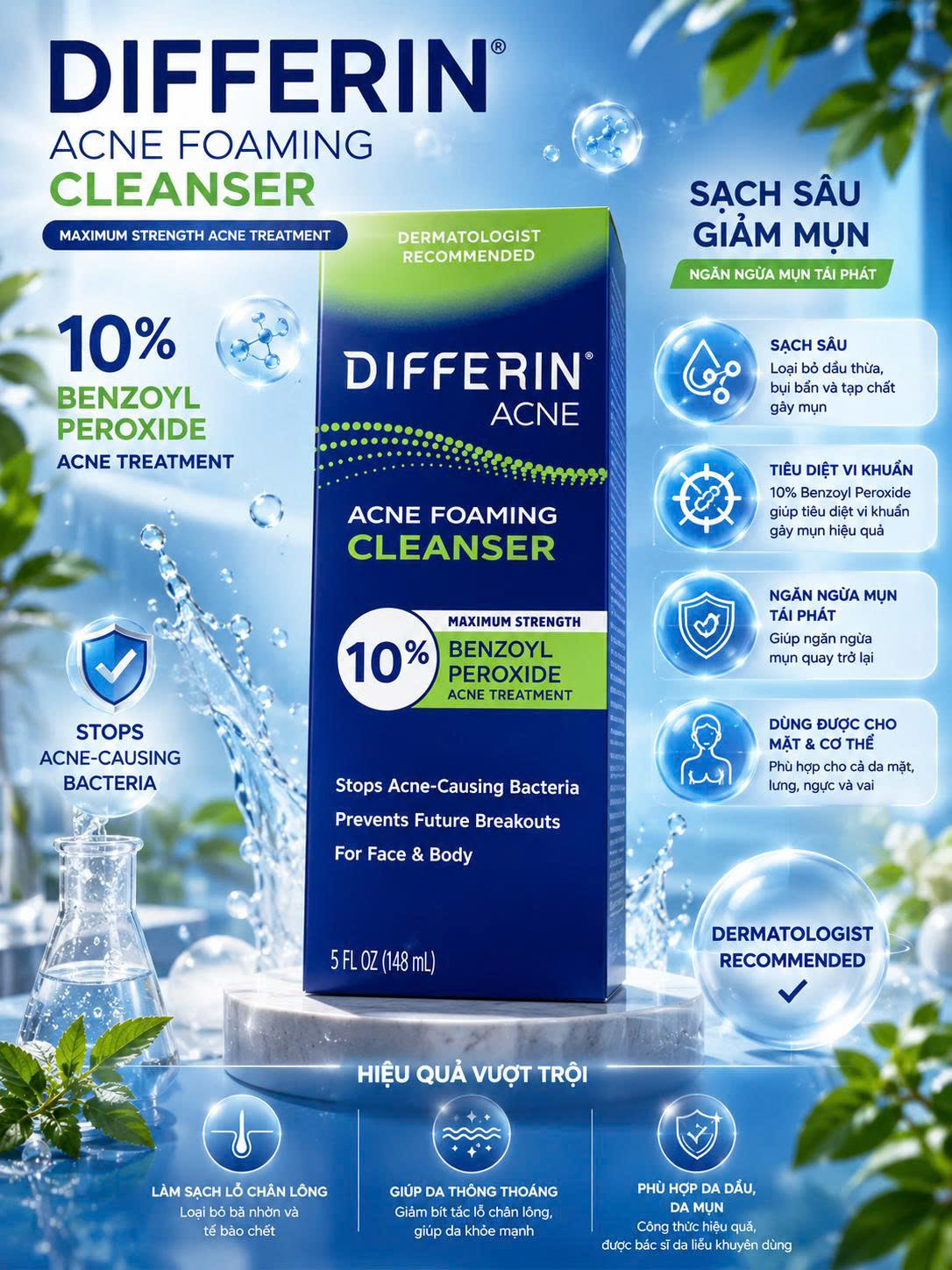 SỮA RỬA MẶT GIẢM MỤN TẠO BỌT DIFFERIN ACNE FOAMING CLEANSER 10% BENZOYL PEROXIDE 148ML CỦA MỸ