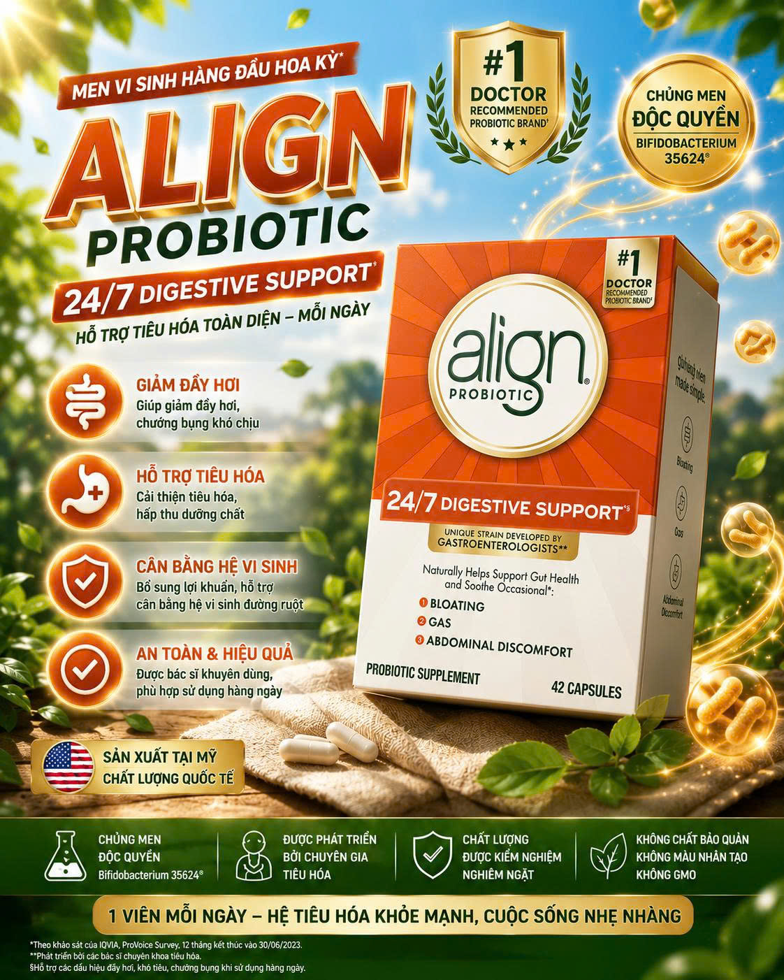 MEN VI SINH HỖ TRỢ TIÊU HÓA ALIGN PROBIOTIC 24/7 DIGESTIVE SUPPORT HỘP 42 VIÊN CỦA MỸ