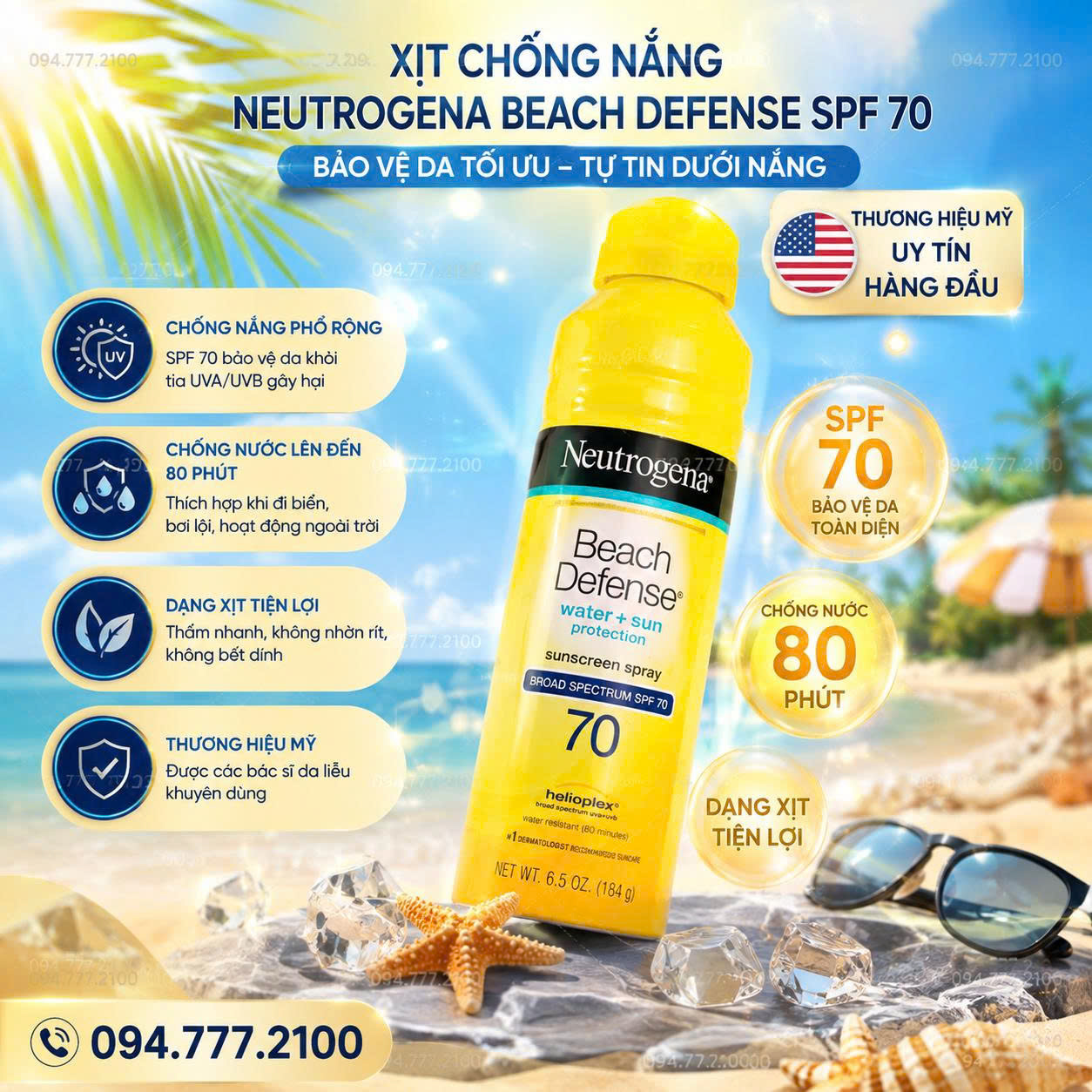 XỊT CHỐNG NẮNG TOÀN THÂN NEUTROGENA BEACH DEFENSE WATER + SUN PROTECTION SUNSCREEN SPRAY SPF 70 CỦA MỸ