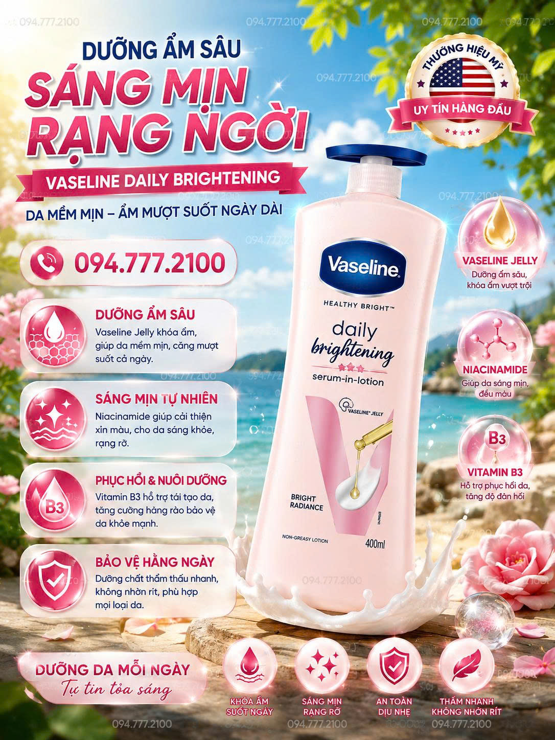 SỮA DƯỠNG THỂ DƯỠNG SÁNG DA VASELINE HEALTHY BRIGHT DAILY BRIGHTENING EVEN TONE LOTION BƠM 725ML CỦA MỸ