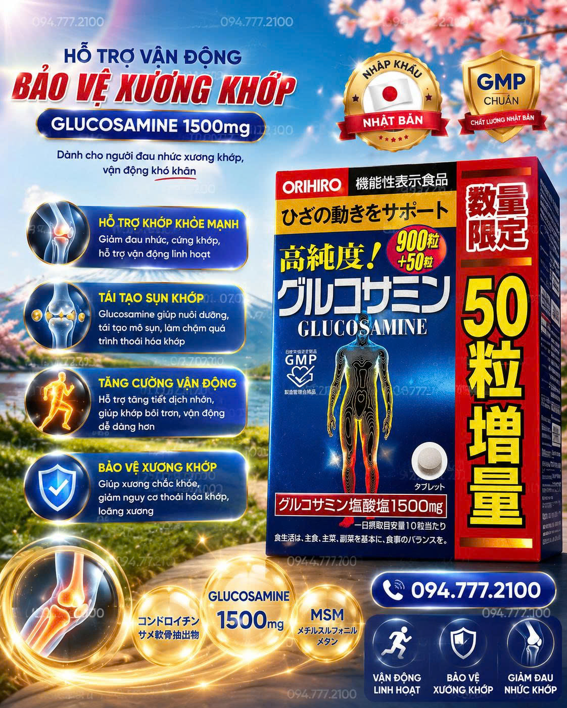 VIÊN UỐNG HỖ TRỢ XƯƠNG KHỚP ORIHIRO GLUCOSAMINE 1500MG HỘP 900+50 VIÊN CỦA NHẬT BẢN