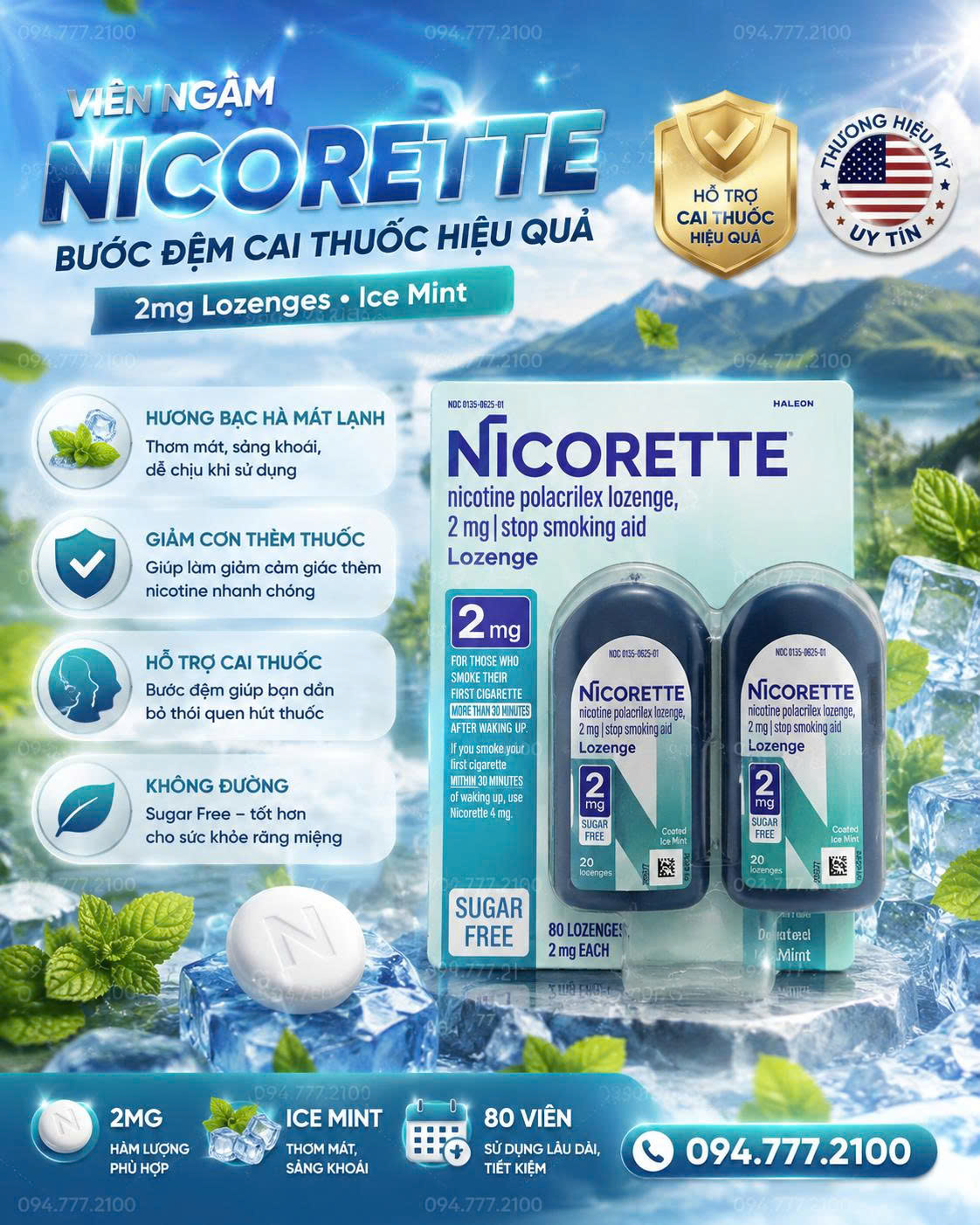 VIÊN NGẬM HỖ TRỢ CAI THUỐC LÁ NICORETTE NICOTINE POLACRILEX LOZENGE 2MG COATED ICE MINT VỈ 80 VIÊN CỦA MỸ