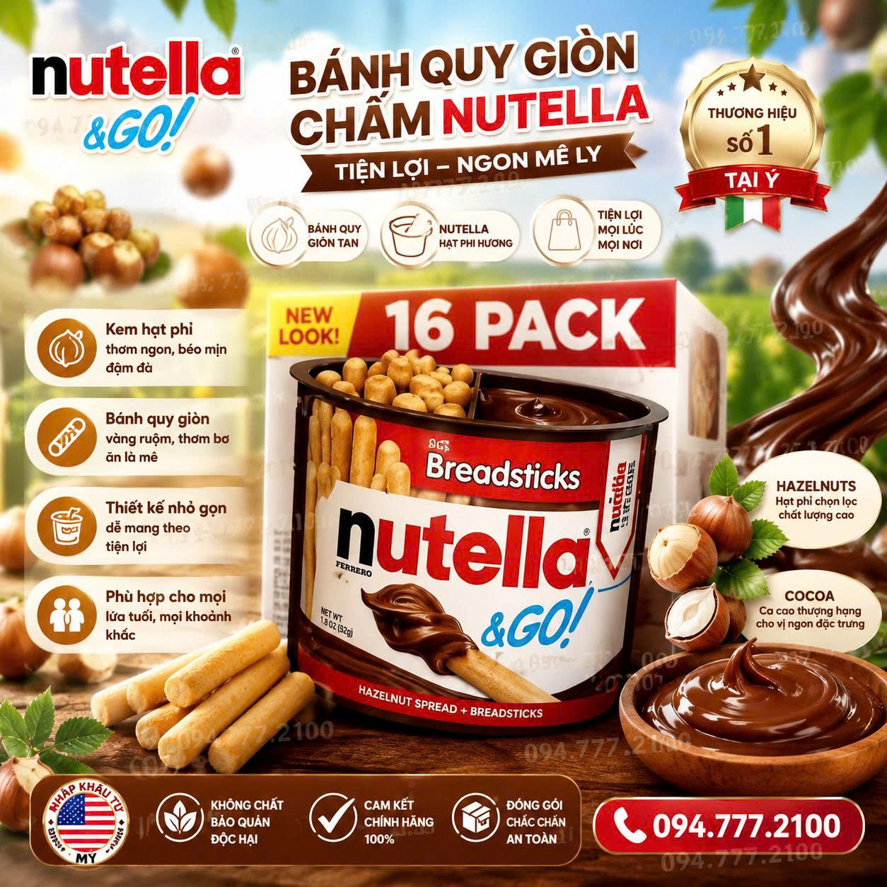 BÁNH QUE CHẤM KEM SÔ-CÔ-LA HẠT DẺ NUTELLA & GO! WITH BREADSTICKS THÙNG 16 HỘP CỦA MỸ