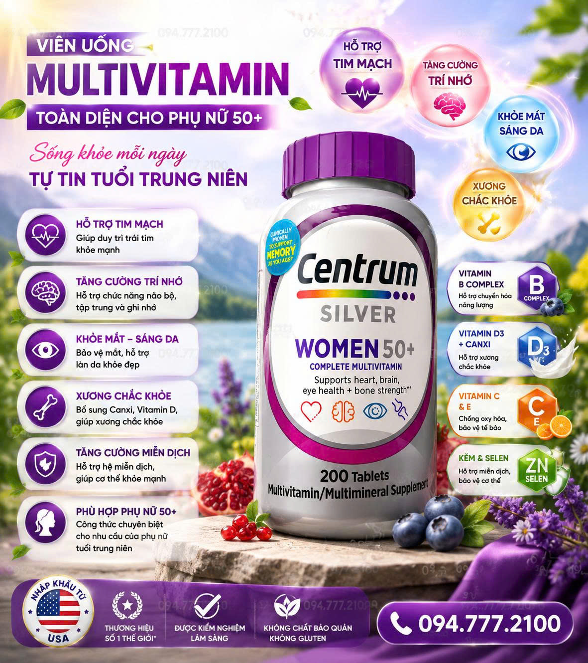 VIÊN UỐNG BỔ SUNG VITAMIN TỔNG HỢP CHO PHỤ NỮ TRÊN 50 TUỔI CENTRUM SILVER WOMEN 50+ HỘP 200 VIÊN CỦA MỸ