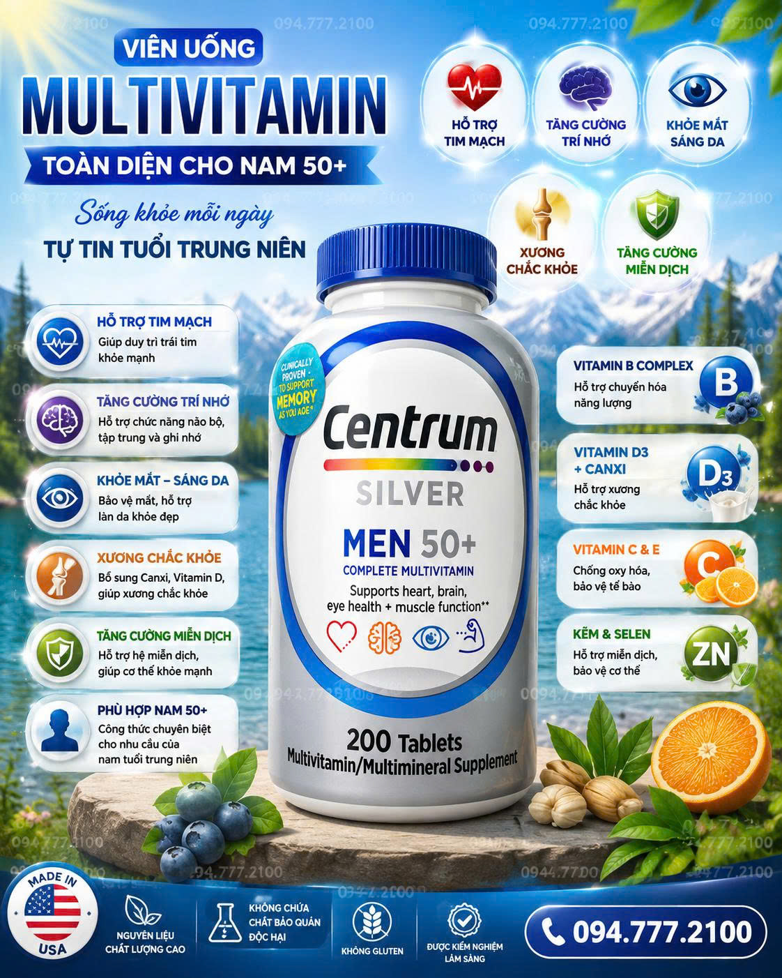 VIÊN UỐNG BỔ SUNG VITAMIN TỔNG HỢP CHO NAM GIỚI TRÊN 50 TUỔI CENTRUM SILVER MEN 50+ HỘP 200 VIÊN CỦA MỸ
