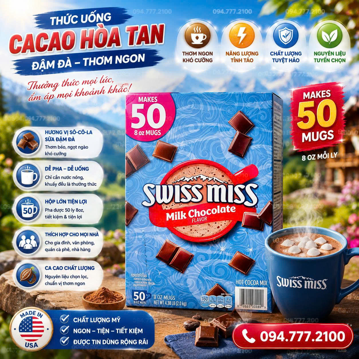 BỘT CA CAO SỮA NÓNG SWISS MISS MILK CHOCOLATE FLAVOR HOT COCOA MIX HỘP 50 GÓI CỦA MỸ