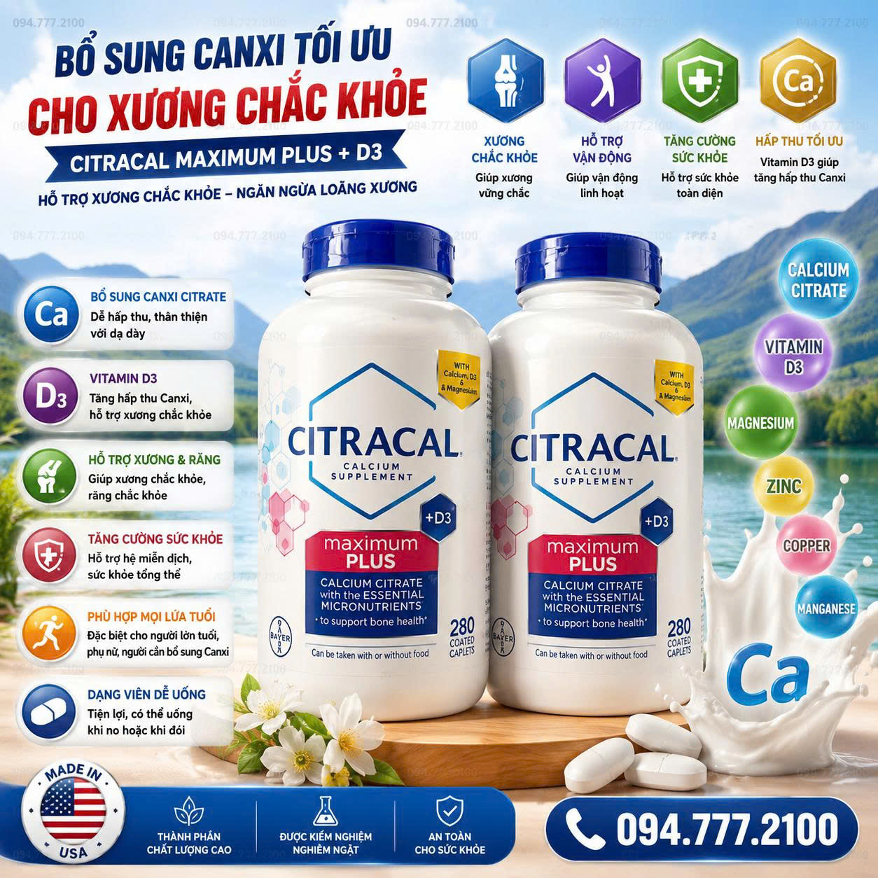 VIÊN UỐNG BỔ SUNG CANXI VÀ VITAMIN D3 CITRACAL MAXIMUM PLUS HỘP 280 VIÊN CỦA MỸ