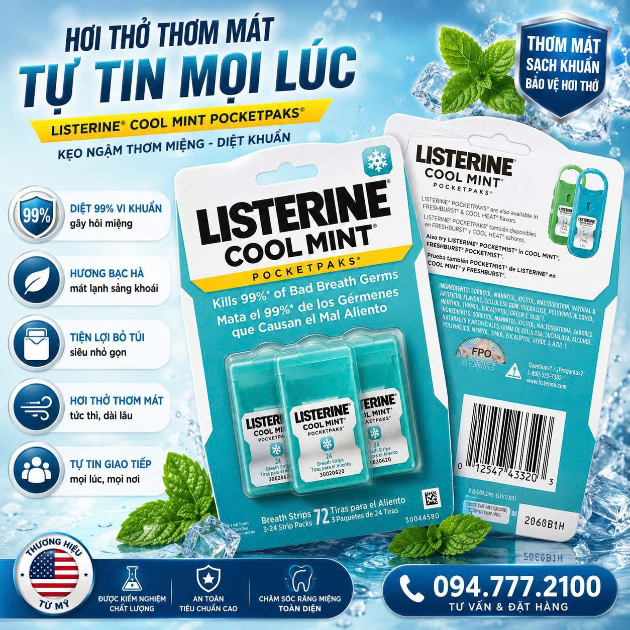 VỈ 3 HỘP Miếng Ngậm Thơm Miệng Diệt Khuẩn LISTERINE COOL MINT