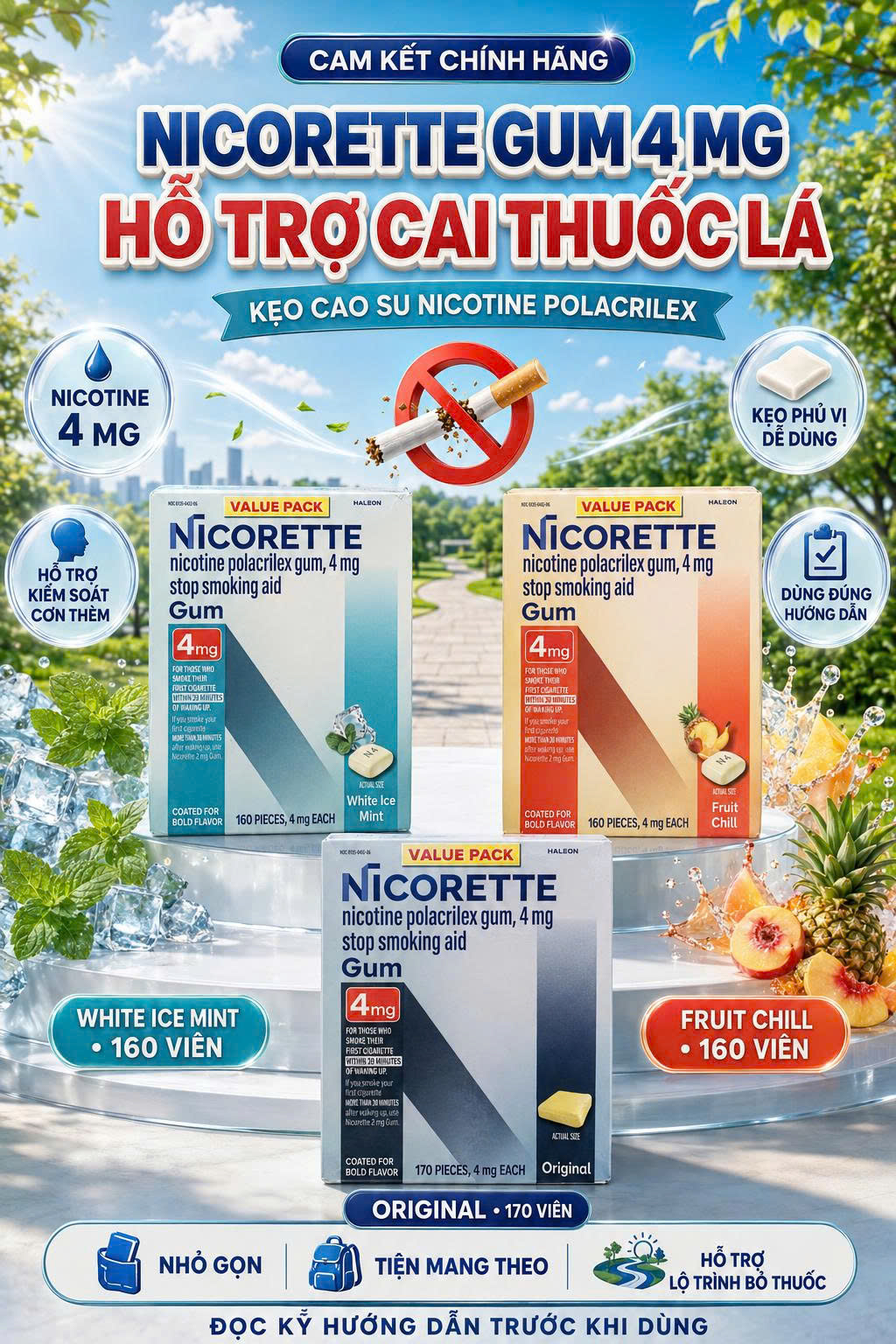 KẸO CAO SU HỖ TRỢ CAI THUỐC LÁ NICORETTE GUM 4MG CỦA MỸ (CÓ 3 HƯƠNG VỊ)