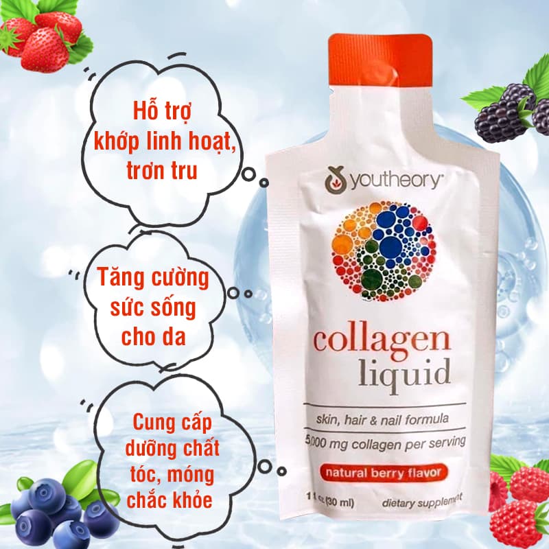 [Chính Hãng] Collagen Nước Youtheory Collagen Liquid Berry Flavor Hộp 30 gói x 30ml - Mỹ