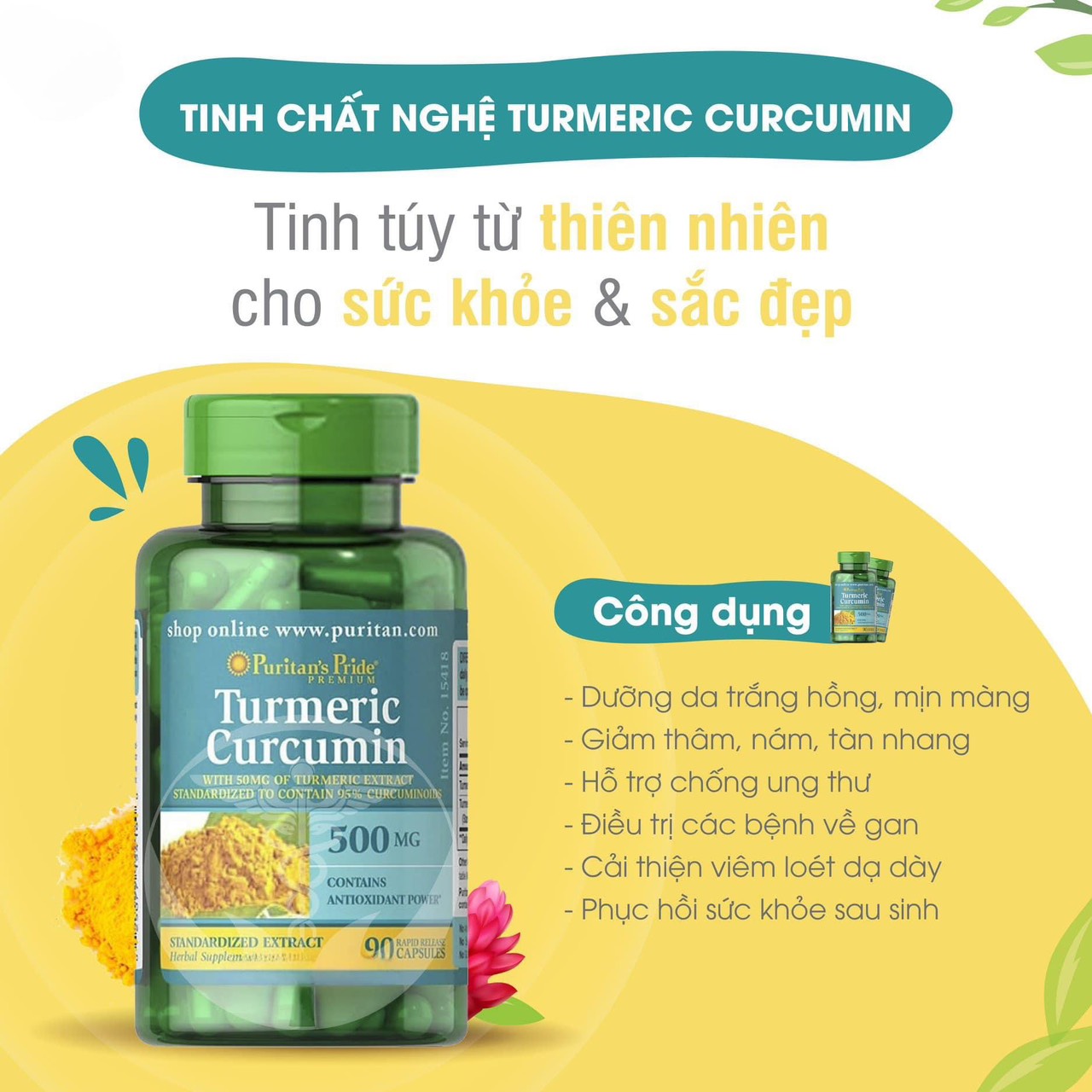 VIÊN UỐNG TINH CHẤT NGHỆ PURITAN'S PRIDE TURMERIC CURCUMIN 500MG 180 VIÊN CỦA MỸ