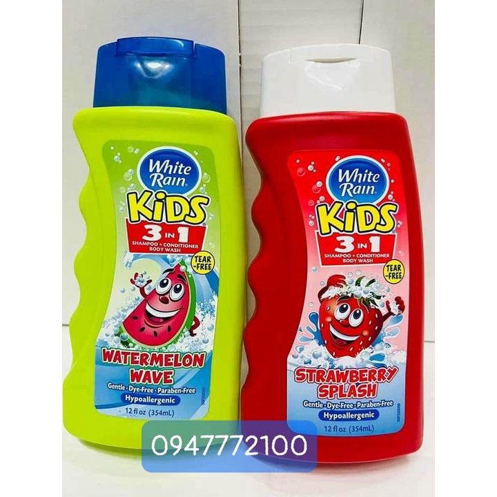 SỮA TẮM GỘI XẢ CHO BÉ WHITE RAIN KIDS 3 IN 1 CHAI 354ML CỦA MỸ (HƯƠNG DÂU & DƯA HẤU)