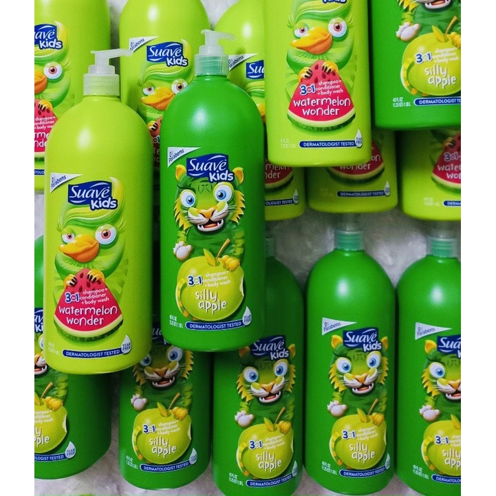 SỮA TẮM GỘI XẢ CHO BÉ SUAVE KIDS 3 IN 1 CHAI VÒI BƠM 1.18L CỦA MỸ (HƯƠNG DƯA HẤU & TÁO XANH) Chăm sóc là
