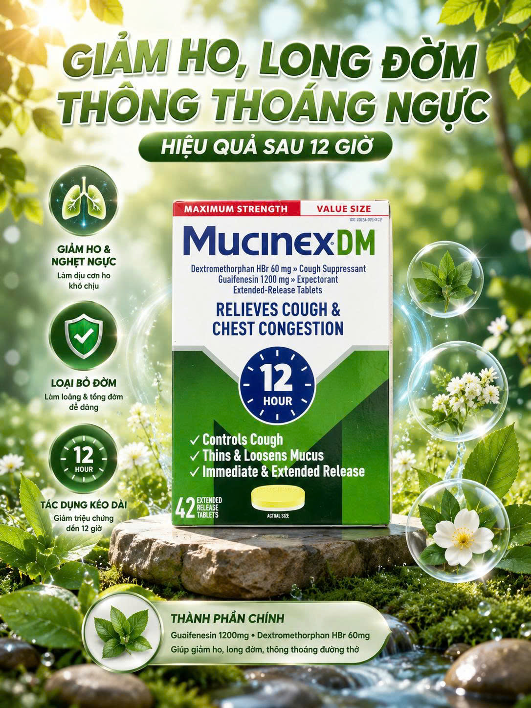 VIÊN UỐNG GIẢM HO, LONG ĐỜM, THÔNG THOẢNG NGỰC MUCINEX DM MAXIMUM STRENGTH 12 HOUR HỘP 42 VIÊN CỦA MỸ