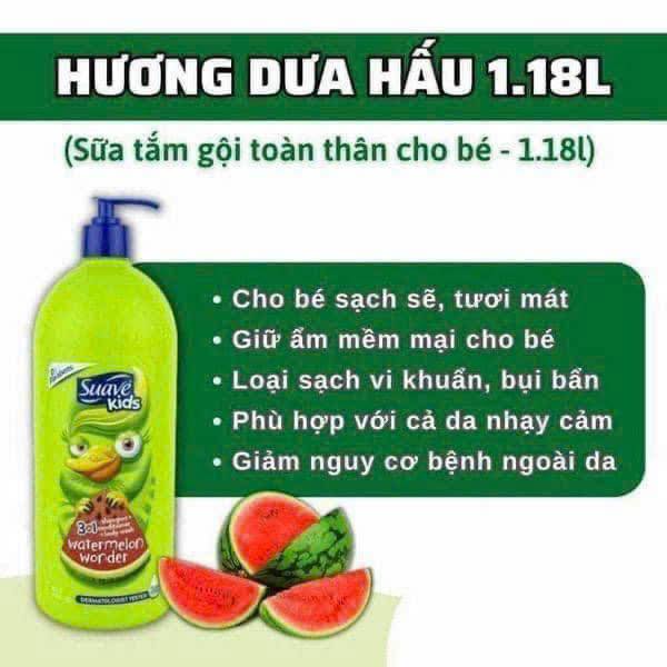 CHAI LỚN 1.18L Sữa Tắm Gội Suave Kids Cho Bé 3 Trong 1 Hương DƯA HẤU