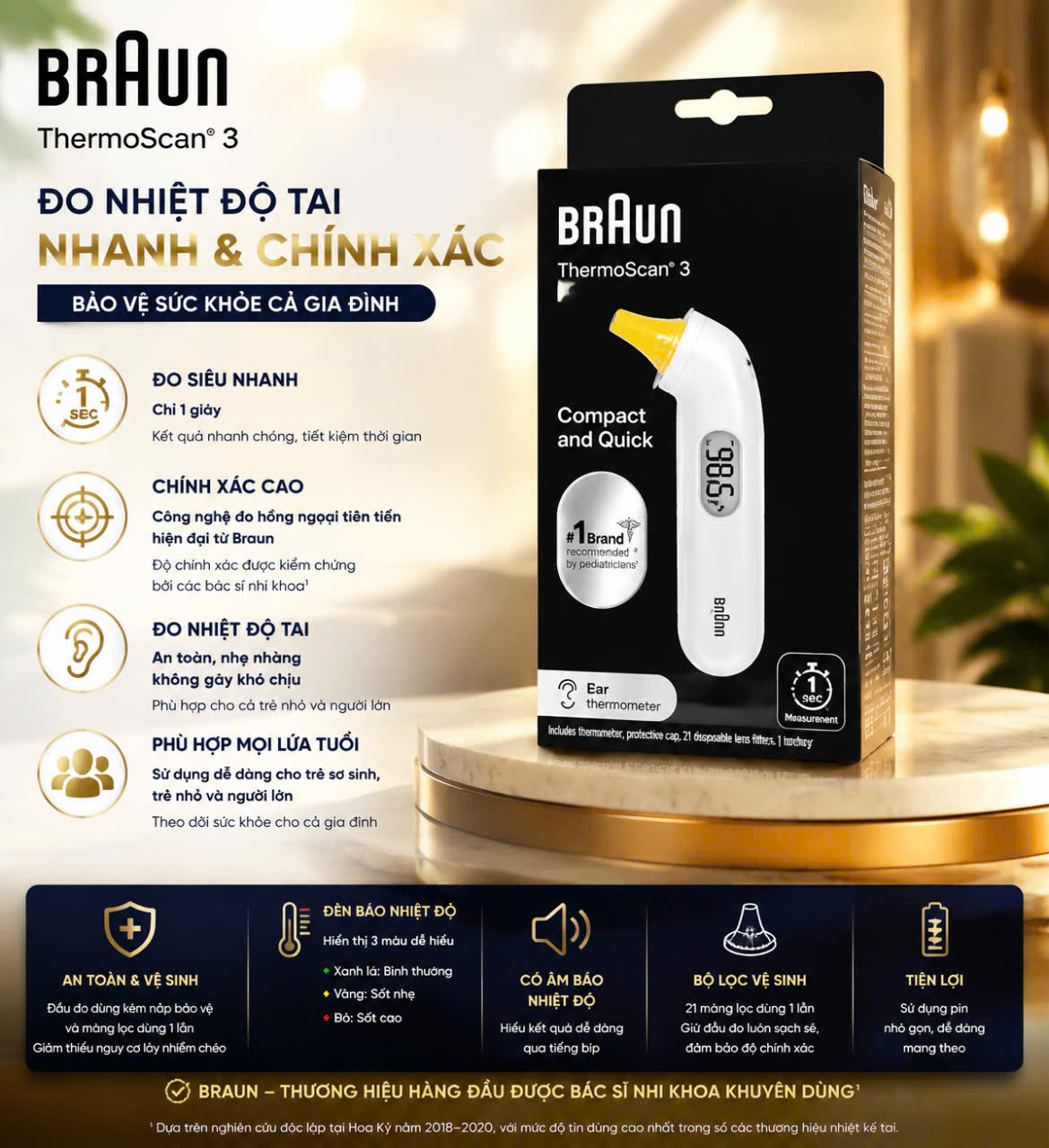 Nhiệt Kế Đo Tai Hồng Ngoại Braun ThermoScan 3 – Chính Xác Cao, Siêu Nhanh Trong 1 Giây