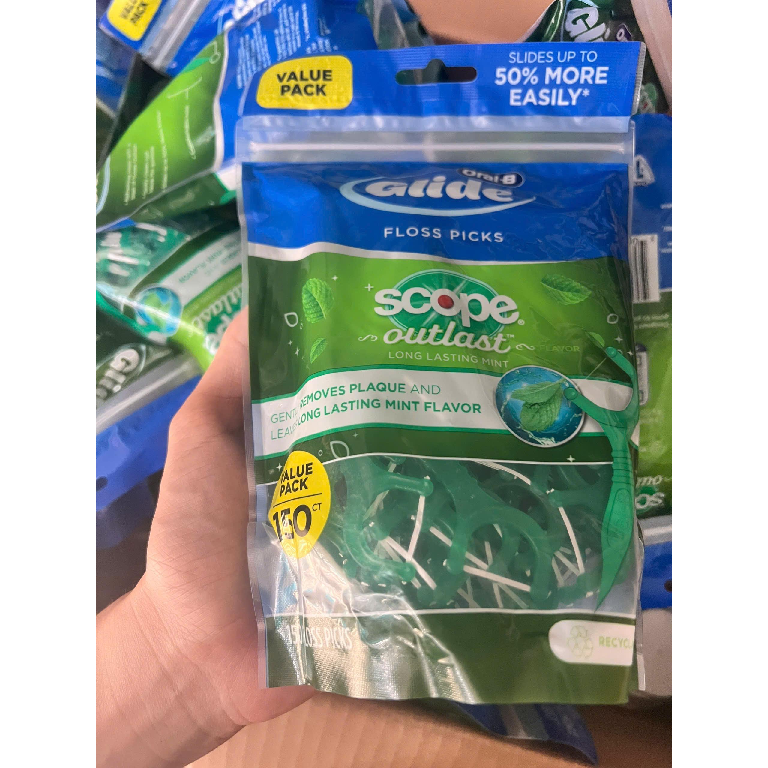 TĂM CHỈ NHA KHOA ORAL-B GLIDE + SCOPE OUTLAST FLOSS PICKS GÓI 150 CÂY CỦA MỸ