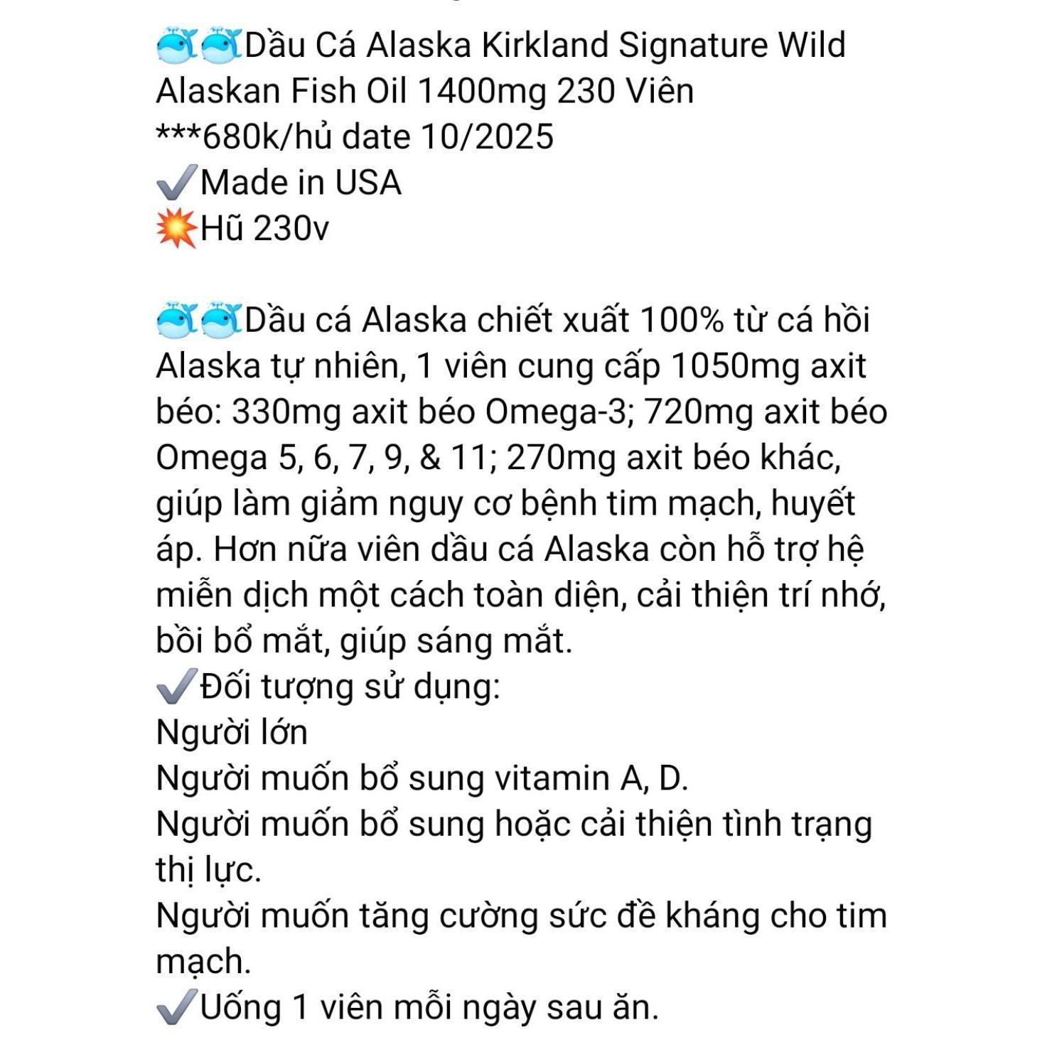 Dầ.u c.á hồi Alaska Kirkland Signature™ Wild Alaskan Fish Oil 1400mg 230 viên. DATE 10/25