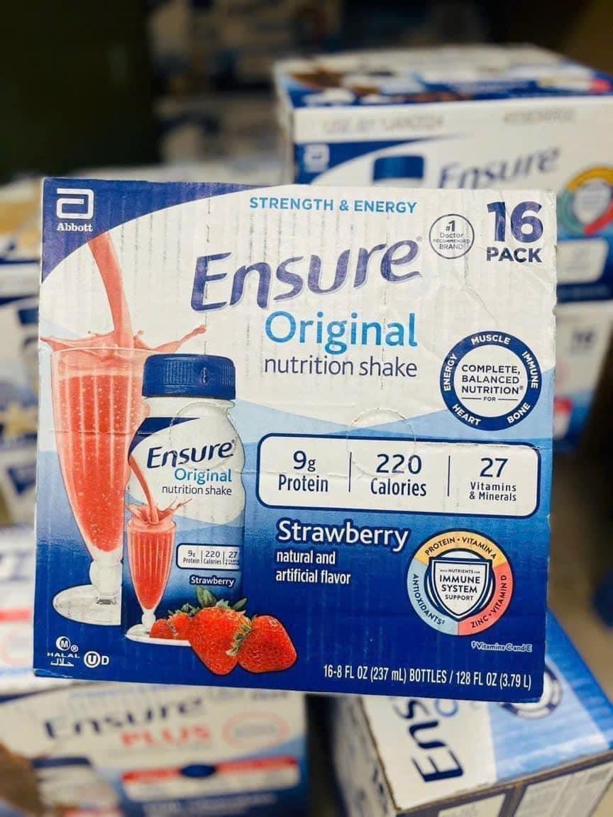 Date 2025 Thùng 16 chai Sữa nước dinh dưỡng Ensure Original hương vị Vanilla và Dâu nhập khẩu từ Mỹ