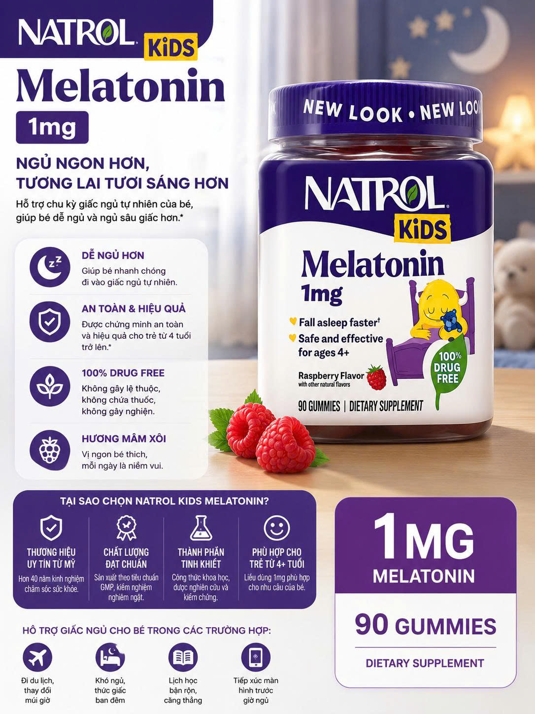 1mg 90 viên Kẹo dẻo ngủ ngon cho bé Melatonin natrol kids CHÍNH HÃNG MỸ