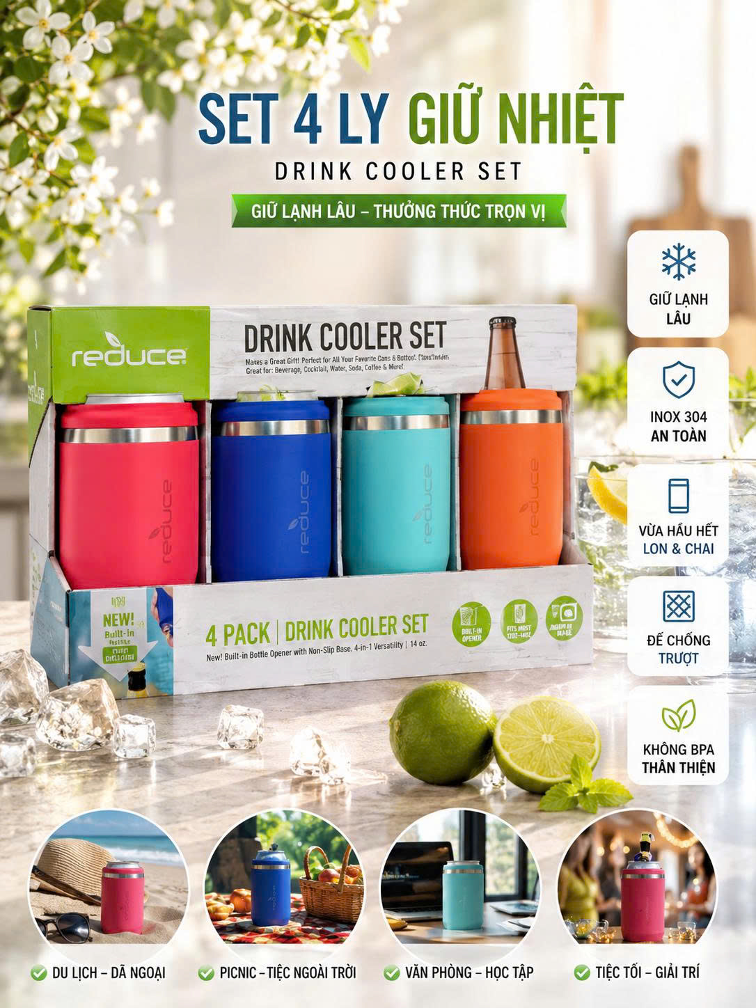 SET 4 LY GIỮ NHIỆT REDUCE DRINK COOLER SET (MỸ) – GIỮ LẠNH LÂU, THƯỞNG THỨC TRỌN VỊ