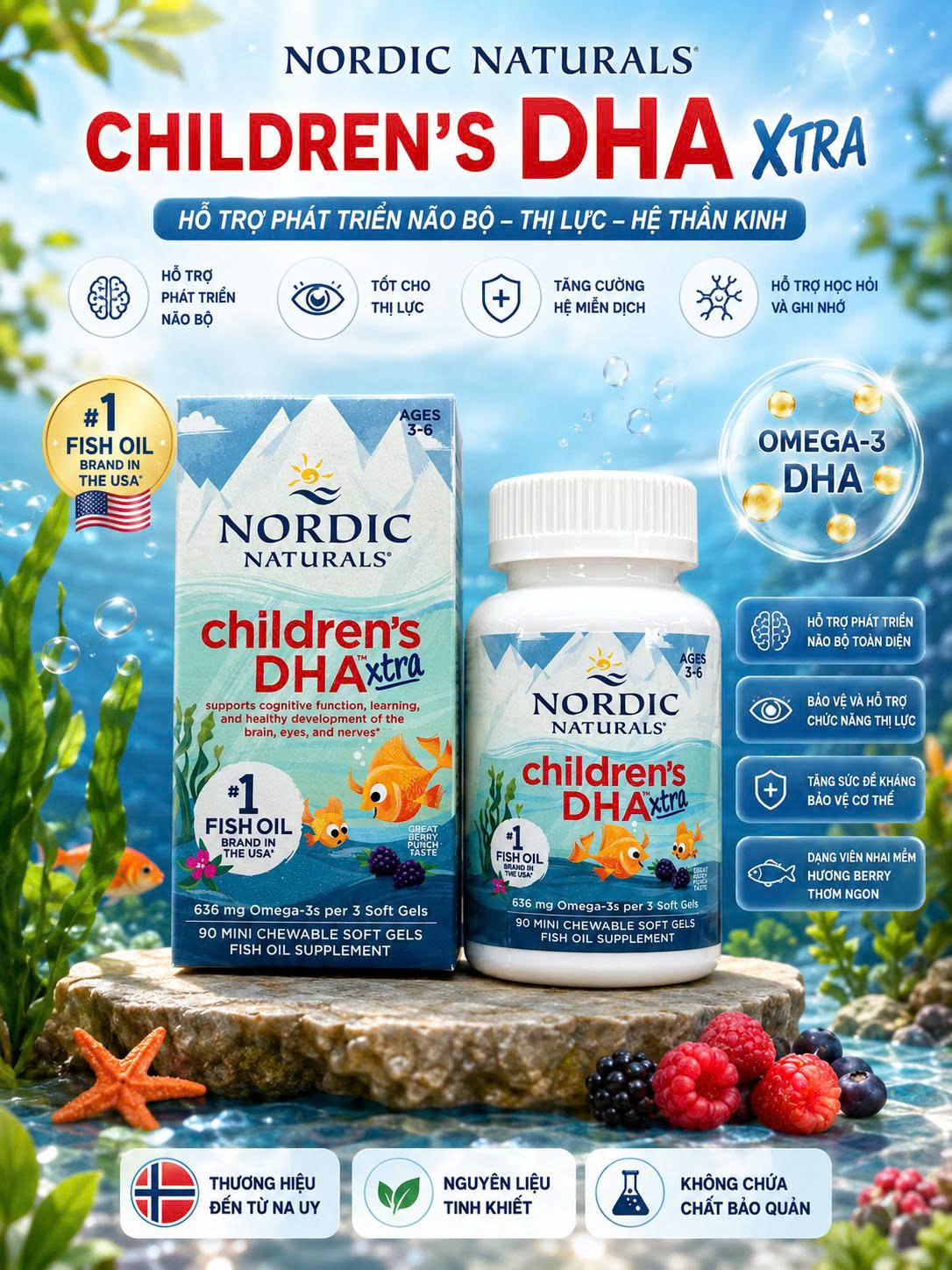 [HÀNG MỸ] Viên Nhai Dầu Cá Đậm Đặc Cho Trẻ Em Nordic Naturals Children's DHA Xtra (Hộp 90 Viên)