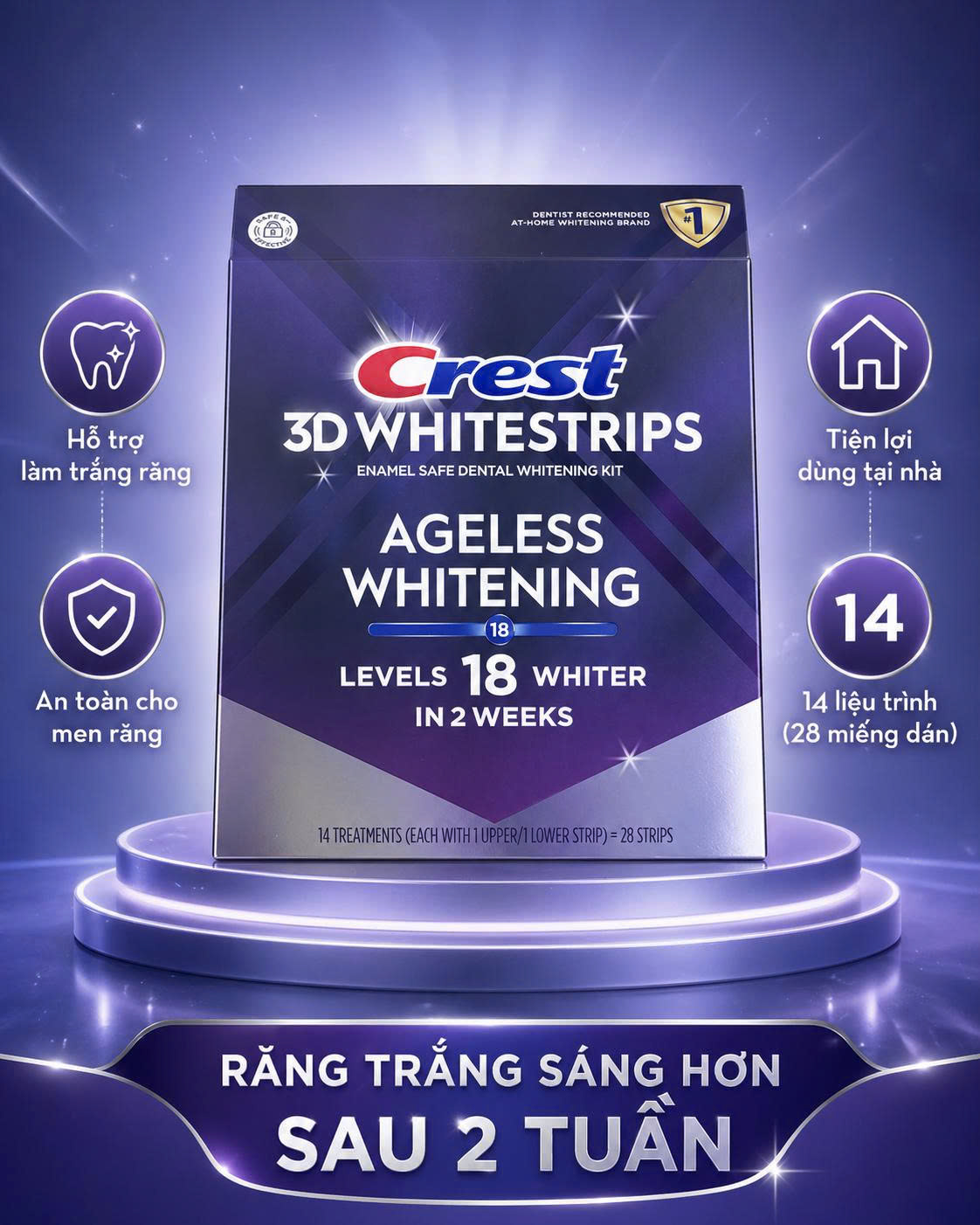 [LEVEL 18 - 14 LẦN DÁN] Miếng dán trắng răng Crest 3D Whitestrips Ageless Whitening - Bản Mỹ 28 miếng