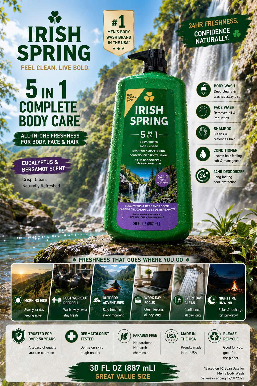 [CAM KẾT CHÍNH HÃNG] Sữa Tắm Gội Nam Đa Năng Irish Spring 5 in 1 Của Mỹ 887ml