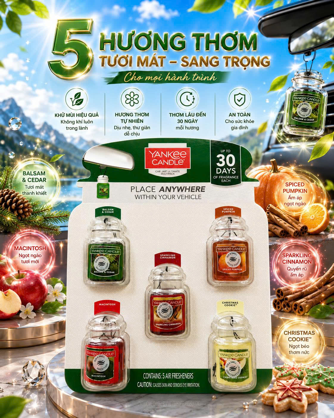 🚗 SET 5 HŨ NƯỚC HOA KẸP XE XE HƠI & TREO PHÒNG YANKEE CANDLE CAR JARS MULTIPACK CỦA MỸ