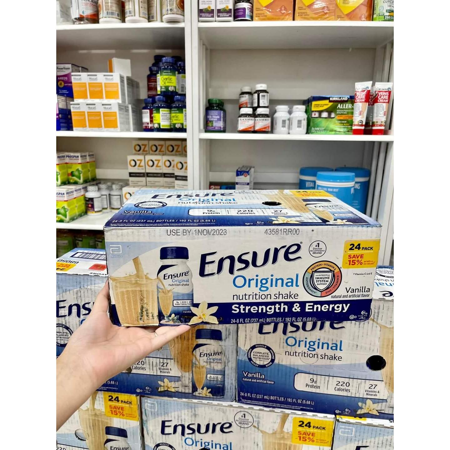 Date 4/25 Sữa Ensure nước hương Vani Ensure Original Vanilla 237ml Thùng 24 chai của Mỹ date 3/25