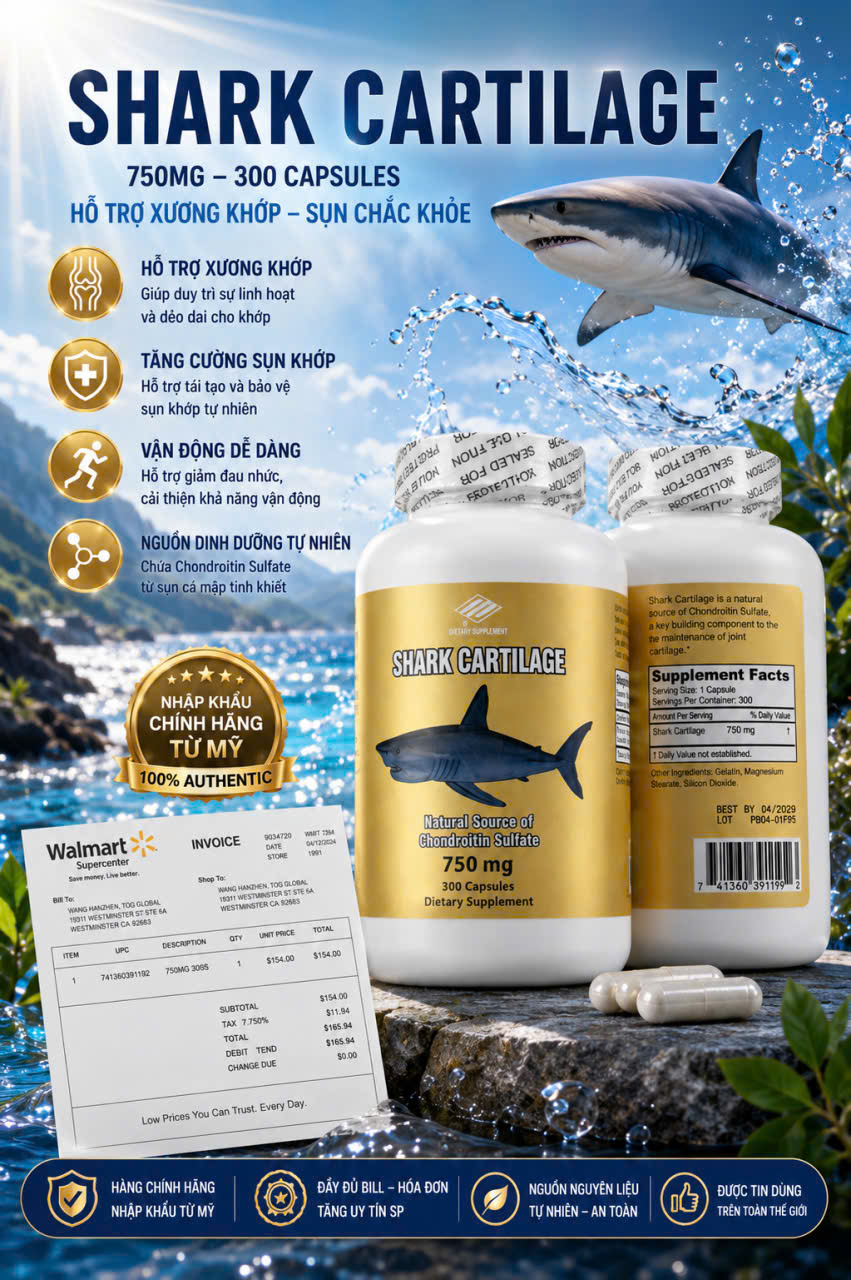 [HÀNG MỸ] Viên Uống Sụn Vi Cá Mập Shark Cartilage 750mg Hỗ Trợ Xương Khớp (Lọ 300 Viên)