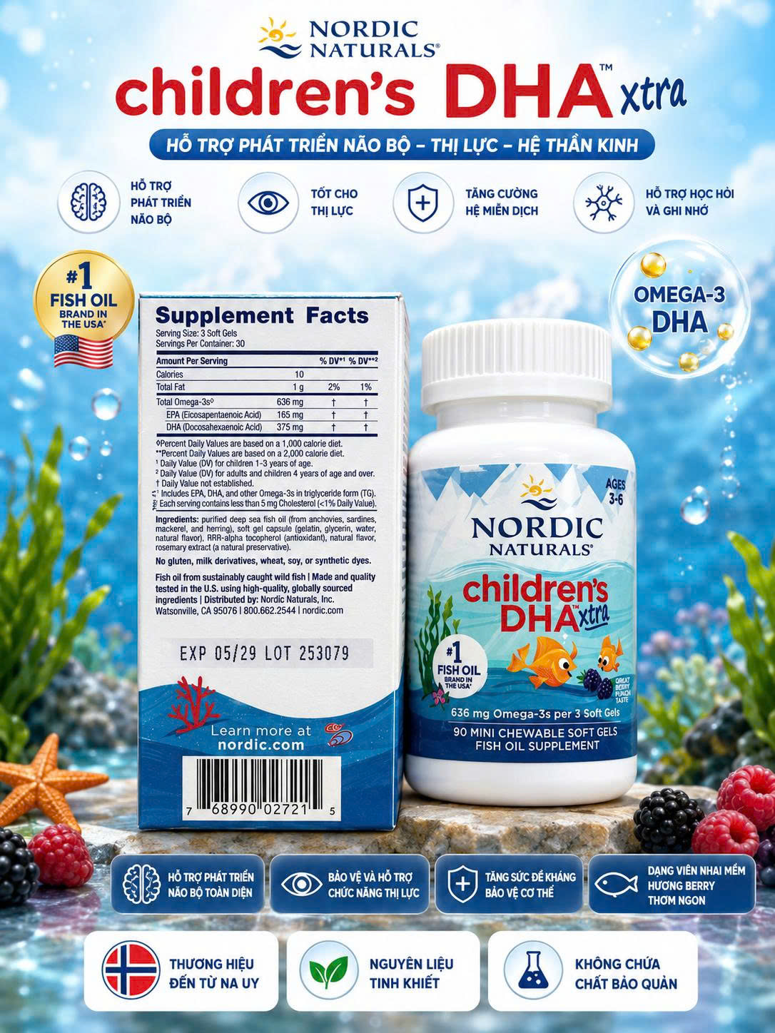 [HÀNG MỸ] Viên Nhai Dầu Cá Đậm Đặc Cho Trẻ Em Nordic Naturals Children's DHA Xtra (Hộp 90 Viên)
