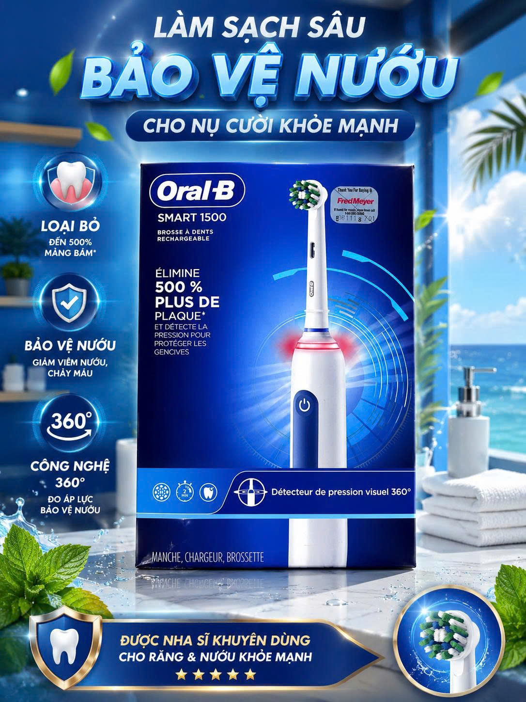 BÀN CHẢI ĐIỆN TỰ ĐỘNG ORAL-B SMART 1500 RECHARGEABLE ELECTRIC TOOTHBRUSH CỦA MỸ