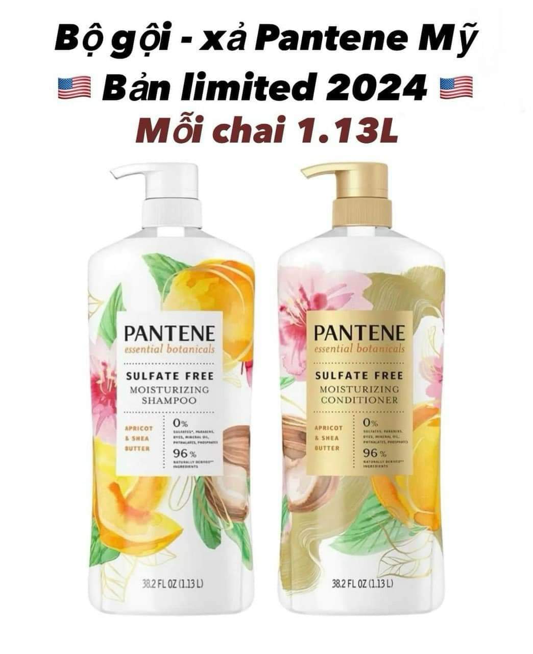 Set dầu gội và xả Pantene Essential Botanicals Sulfate Free Moisturizing Shampoo & Conditioner 1.13L (Apricot & Shea Butter)