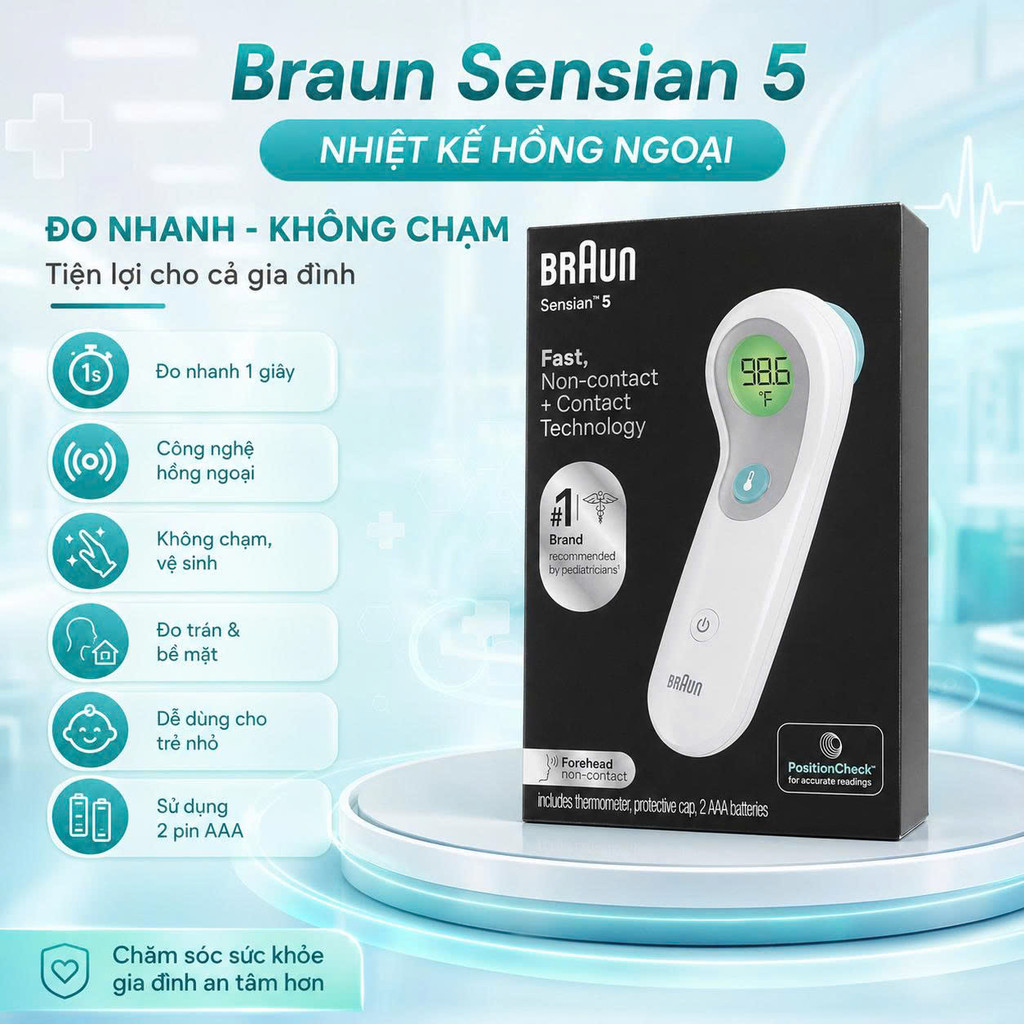 Nhiệt kế trán thông minh Braun Sensian™ 5 Bản Mỹ - Chuẩn y khoa, đo không tiếp xúc
