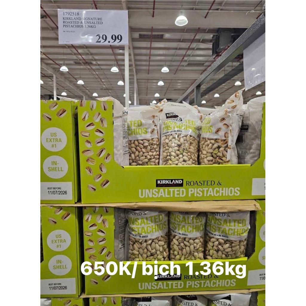 Hạt Dẻ Cười Rang Muối Kirkland Pistachios 1.36kg – Hàng Mỹ Cao Cấp 1.36ky