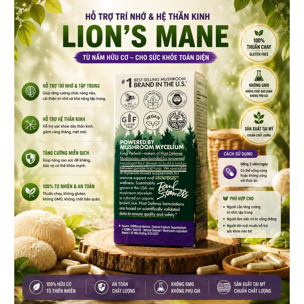 Viên Uống Nấm Đầu Khỉ Hữu Cơ Host Defense Lion's Mane Memory & Nerve Support (60 Viên)