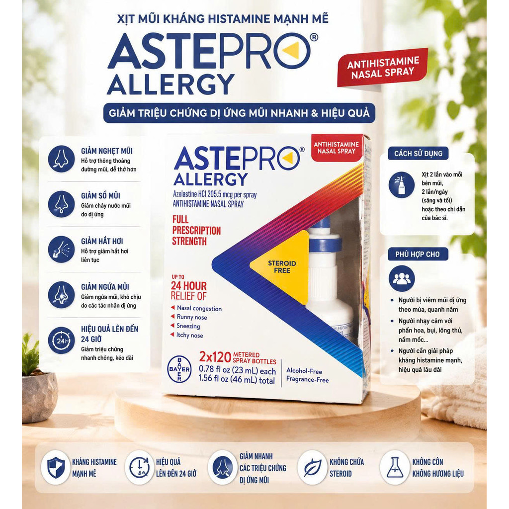 Chai Xịt Mũi Kháng Histamine Trị Dị Ứng Astepro Allergy Full Prescription Strength (Hộp 2 Chai x 120 Lượt Xịt)