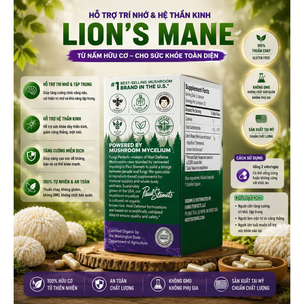 Viên Uống Nấm Đầu Khỉ Hữu Cơ Host Defense Lion's Mane Memory & Nerve Support (60 Viên)